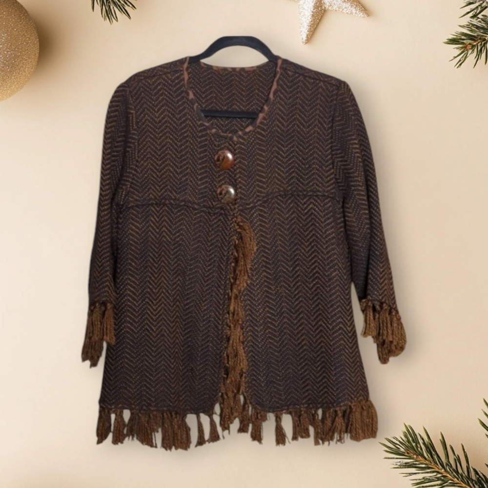 UNBRANDED TWEED FRINGED JACKET BROWN/BLACK